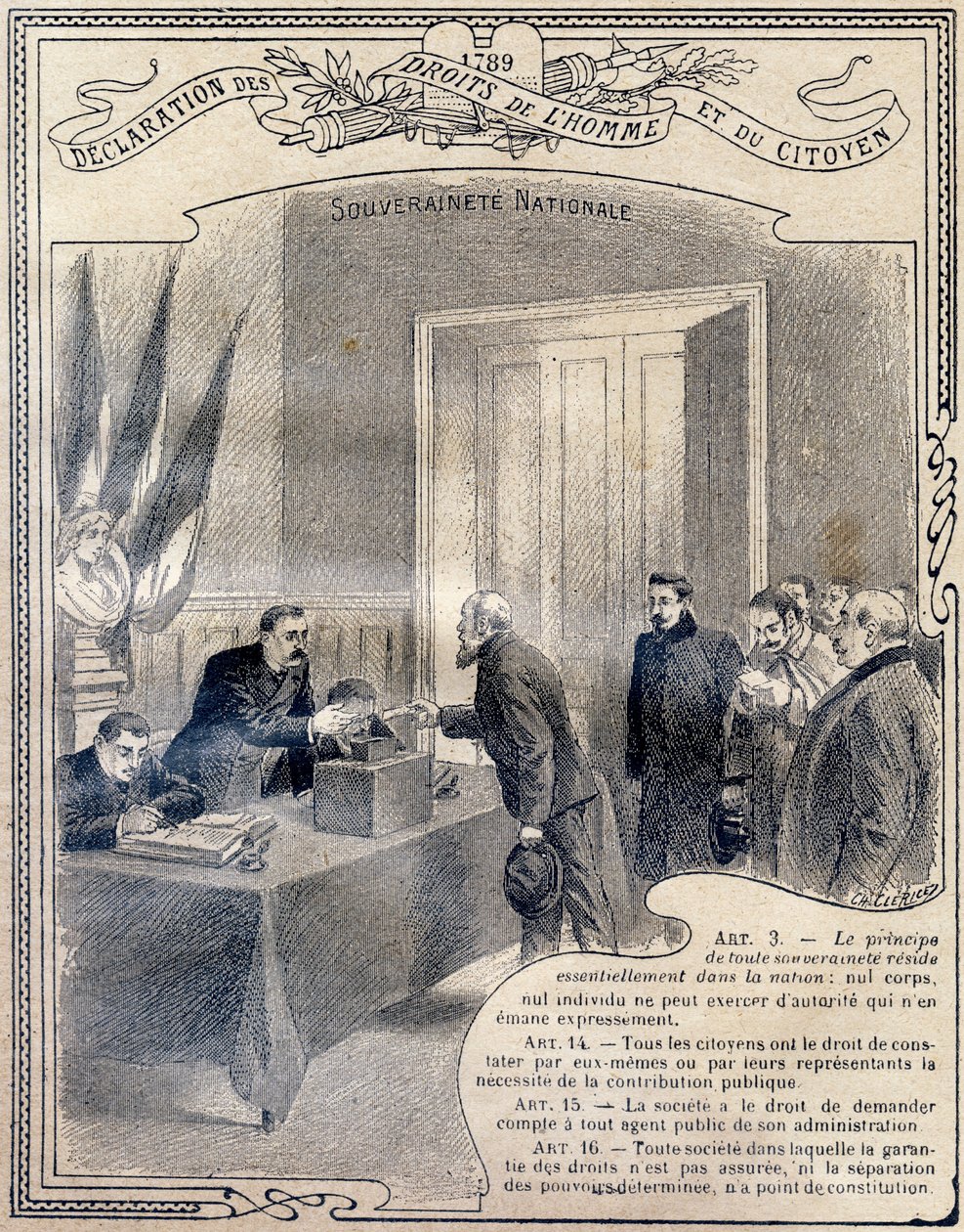1789 إعلان حقوق الإنسان والمواطن: السيادة الوطنية. Gravure in "الكتاب الفريد للأخلاقيات والتربية المدنية ، المخصص لطلاب الدورات الثلاث للمدرسة الابتدائية وتلك الخاصة بالصفوف الابتدائية في المدارس الثانوية والكليات ، بواسطة ج. داشير