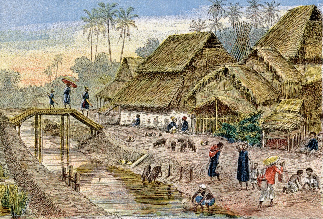 قرية أنامي، الهند الصينية الفرنسية، حوالي عام 1900 (رسم توضيحي) بواسطة ج. داشير