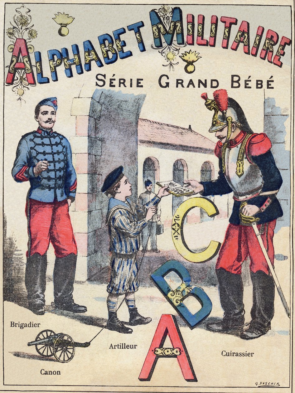 غلاف "الأبجدية العسكرية" سلسلة جراند بيبي. نقش. تصوير Pont-a-Mousson. Louis Vagne ، الناشر والطابعة ، حوالي عام 1900. الرسوم التوضيحية بواسطة G. Dascher. 20 صفحة. قاتمة: 31.5 × 24.5 سم بواسطة ج. داشير