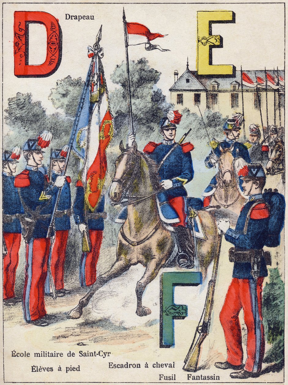 الحروف D E F: العلم ، المدرسة العسكرية في Saint-Cyr (Saint Cyr) ، Eleves مشياً على الأقدام ، سرب الحصان ، Rifle and Fantassin ، حوالي 1900 (طباعة حجرية) بواسطة ج. داشير