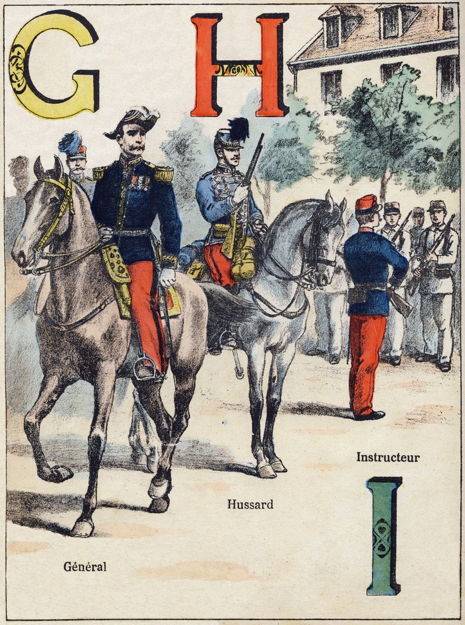 خطابات GHI: عام ، هوسارد ، ومدرس. نقش في "Alphabet Militaire" ، سلسلة Grand-Bebe. نقش. تصوير Pont-a-Mousson. Louis Vagne ، الناشر والطابعة ، حوالي عام 1900. الرسوم التوضيحية بواسطة G. Dascher. 20 صفحة. قاتمة: 31.5 × 24.5 سم بواسطة ج. داشير