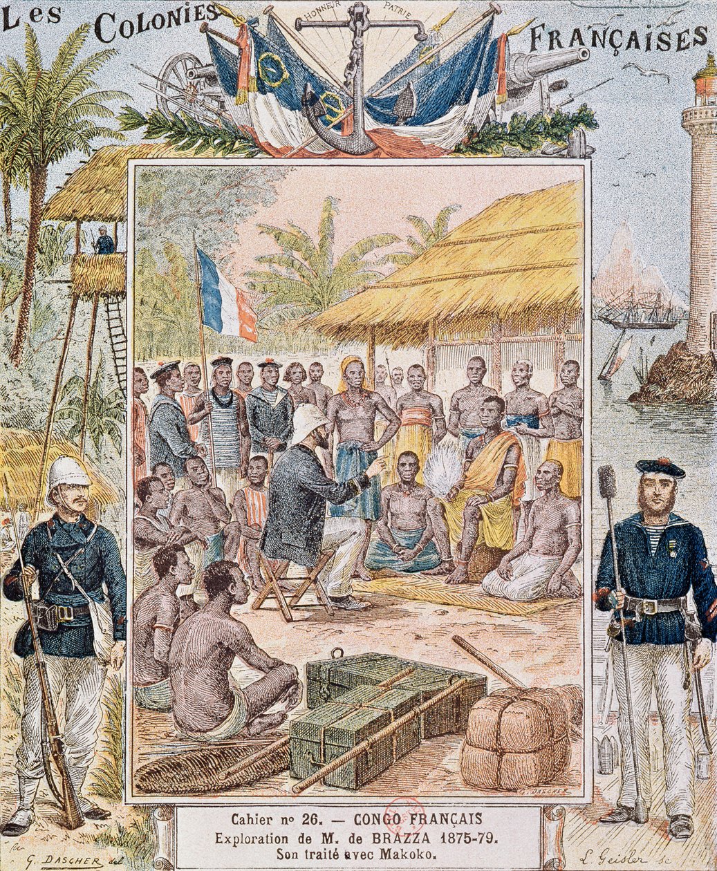 استكشاف M. de Brazza (1875-79) معاهدته مع ماكوكو ، رسم توضيحي من "المستعمرات الفرنسية" بواسطة ج. داشير