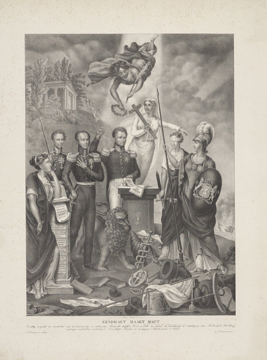 رمزية العهد بين الأمير والشعب ، 1832 Eendragt يجعل Magt / Symbolized كتذكير بـ Eendracht المجيد والسخي بين Vorst و Volk لغرض الحفاظ على Neêrlandsch Rechten والدفاع عنها (العنوان o بواسطة هافيوس زاندرز