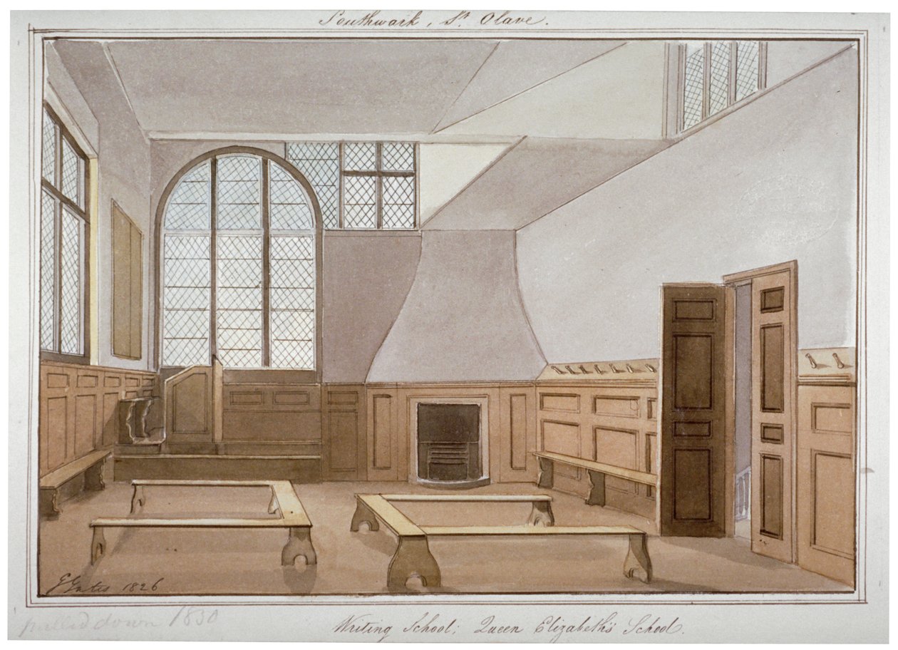 منظر داخلي لمدرسة سانت أولاف في Tooley Street ، Bermondsey ، لندن ، 1826. بواسطة جي ييتس