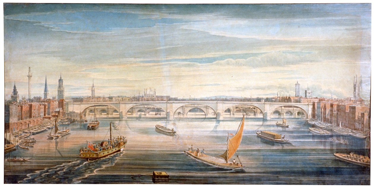 منظر لجسر لندن الجديد من الغرب ، مع القوارب والصنادل على نهر التايمز ، 1831. بواسطة جي ييتس