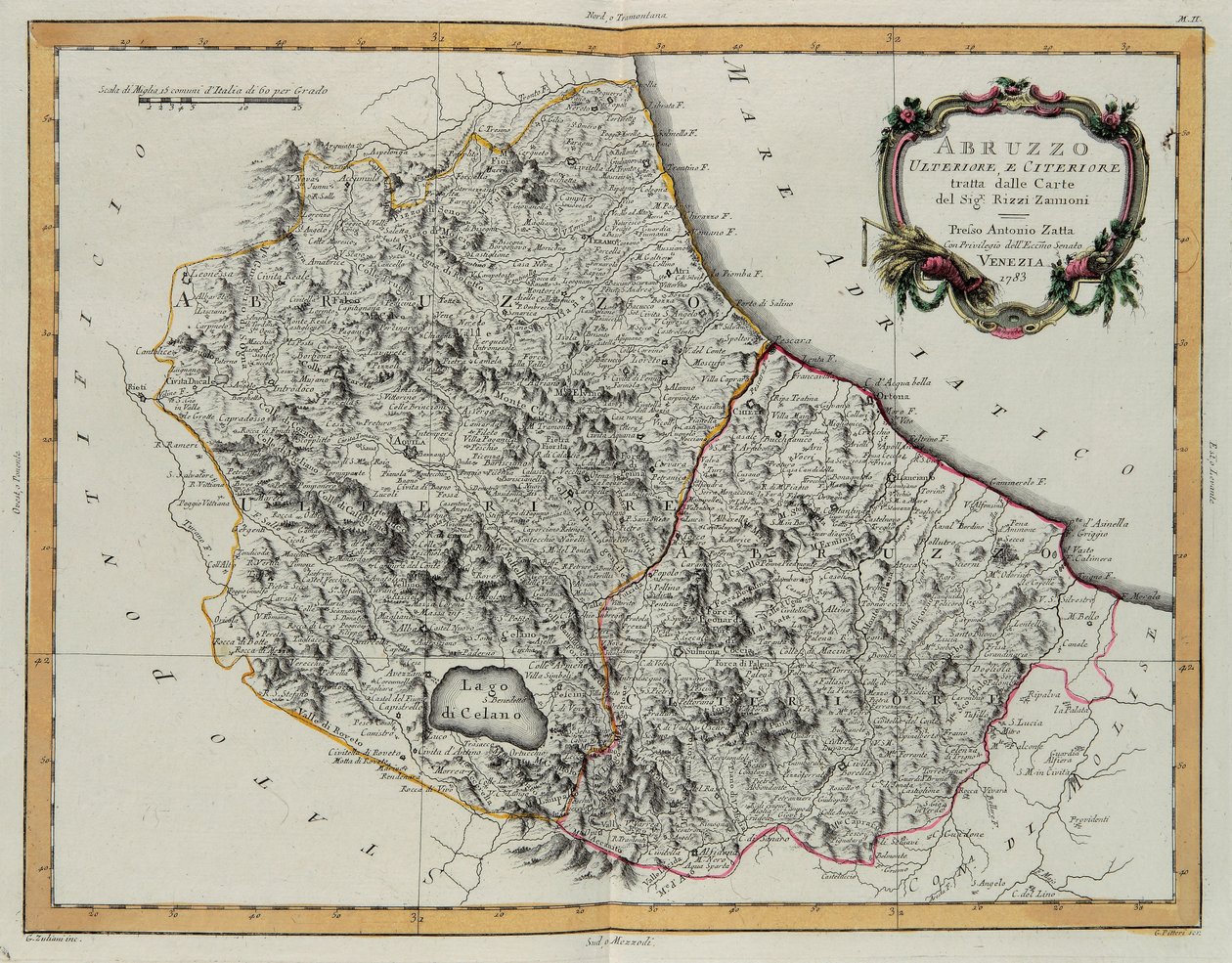 Farther and Hither Abruzzo ، نقش بواسطة G. Zuliani مأخوذ من تومي الثاني من "أحدث أطلس" نُشر في البندقية عام 1783 بواسطة أنطونيو زاتا ، مجموعة خاصة بواسطة زولياني