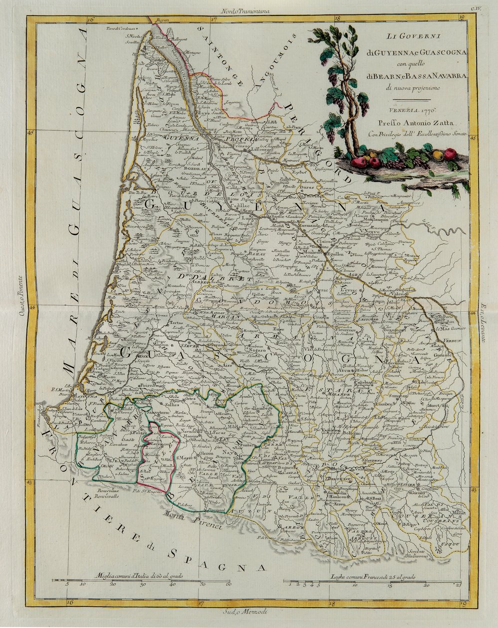 حوكمة غويان وغواسكوني مع تلك الخاصة ببيرن والسفلي نافار ، نقش من قبل زولياني مأخوذ من تومي الأول من أحدث أطلس نشر في البندقية عام 1776 بواسطة أنطونيو زاتا ، مجموعة خاصة بواسطة زولياني