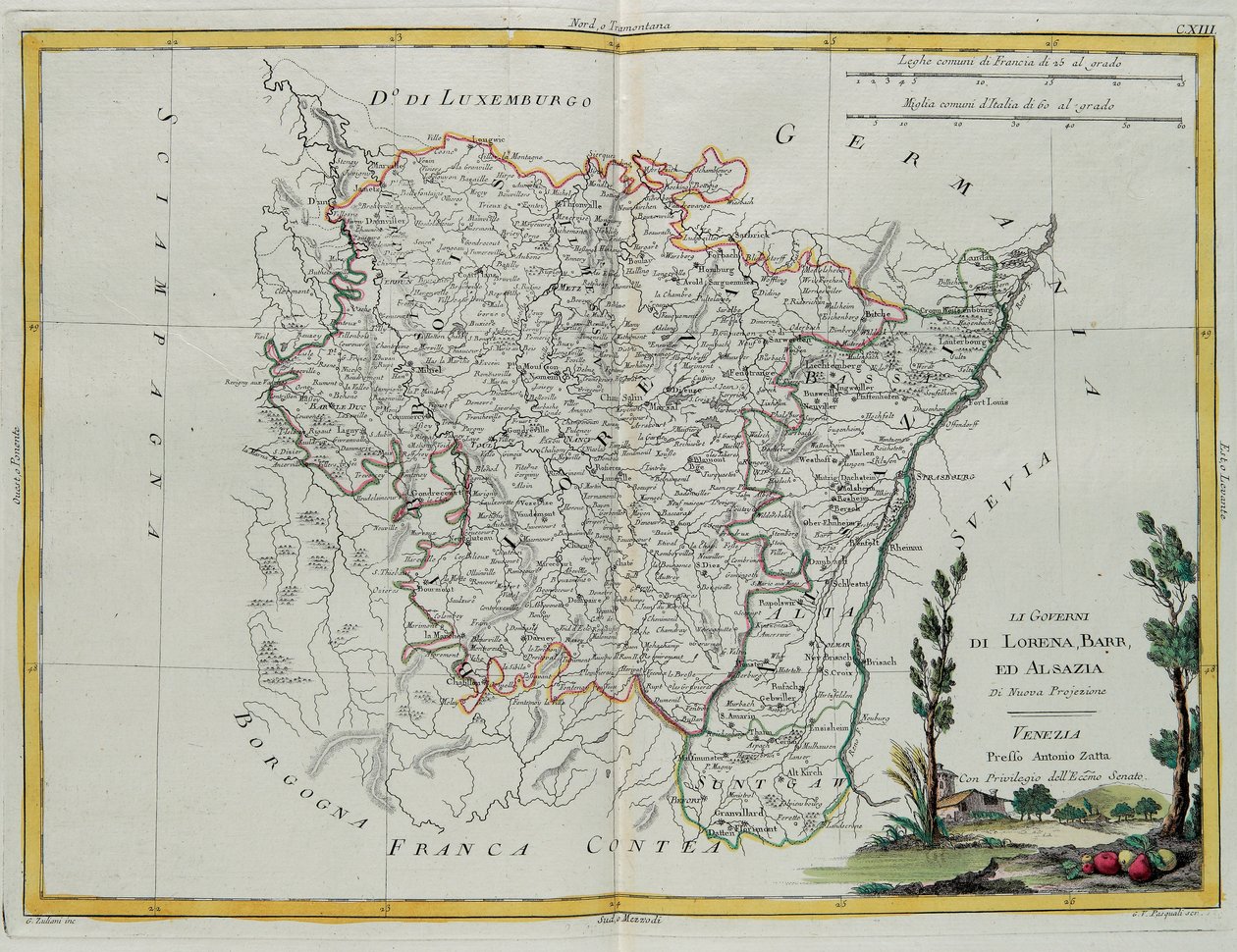 Governances of Lorraine, Barr and Alsace, engraving by G. Zuliani taken from Tome I of the "Newest Atlas" published in Venice by Antonio Zatta, Private Collection بواسطة زولياني