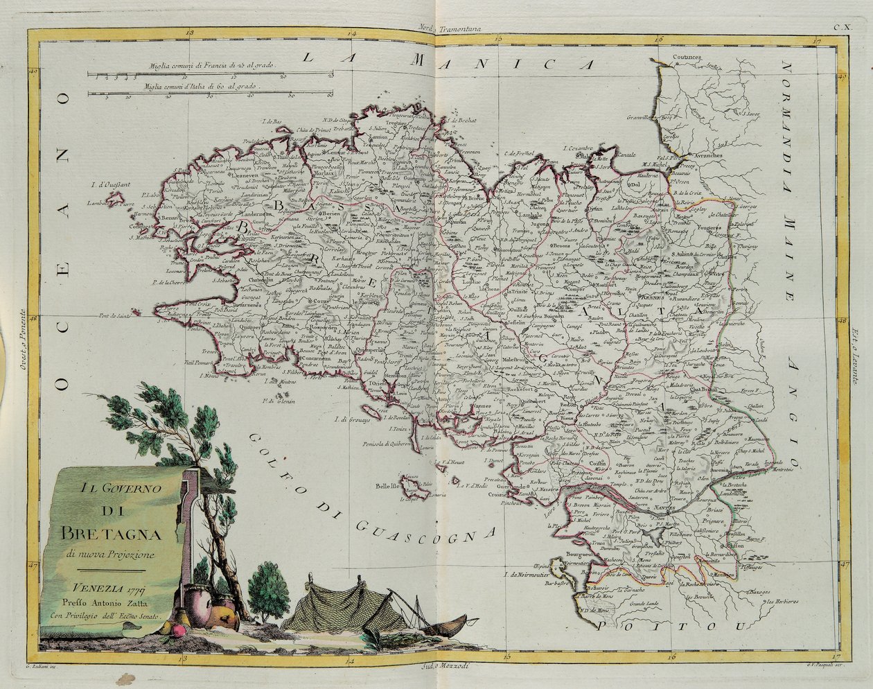 خليج بريتاني ، نقش من قبل G. Zuliani مأخوذ من Tome I من أحدث أطلس تم نشره في البندقية عام 1777 بواسطة أنطونيو زاتا ، مجموعة خاصة بواسطة زولياني