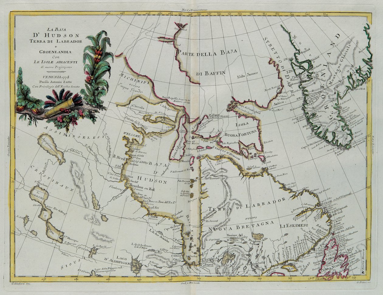 Hudson Bay, Land of Labrador and Greenland with the adjacent islands, engraving by G. Zuliani taken from Tome I of the "Newest Atlas" published in Venice in 1778 by Antonio Zatta, Private Collection بواسطة زولياني