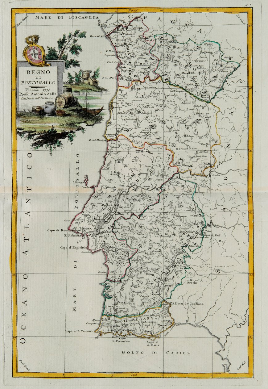 مملكة البرتغال ، نقش من قبل G. Zuliani مأخوذ من Tome I من أحدث أطلس تم نشره في البندقية عام 1776 بواسطة أنطونيو زاتا ، مجموعة خاصة بواسطة زولياني