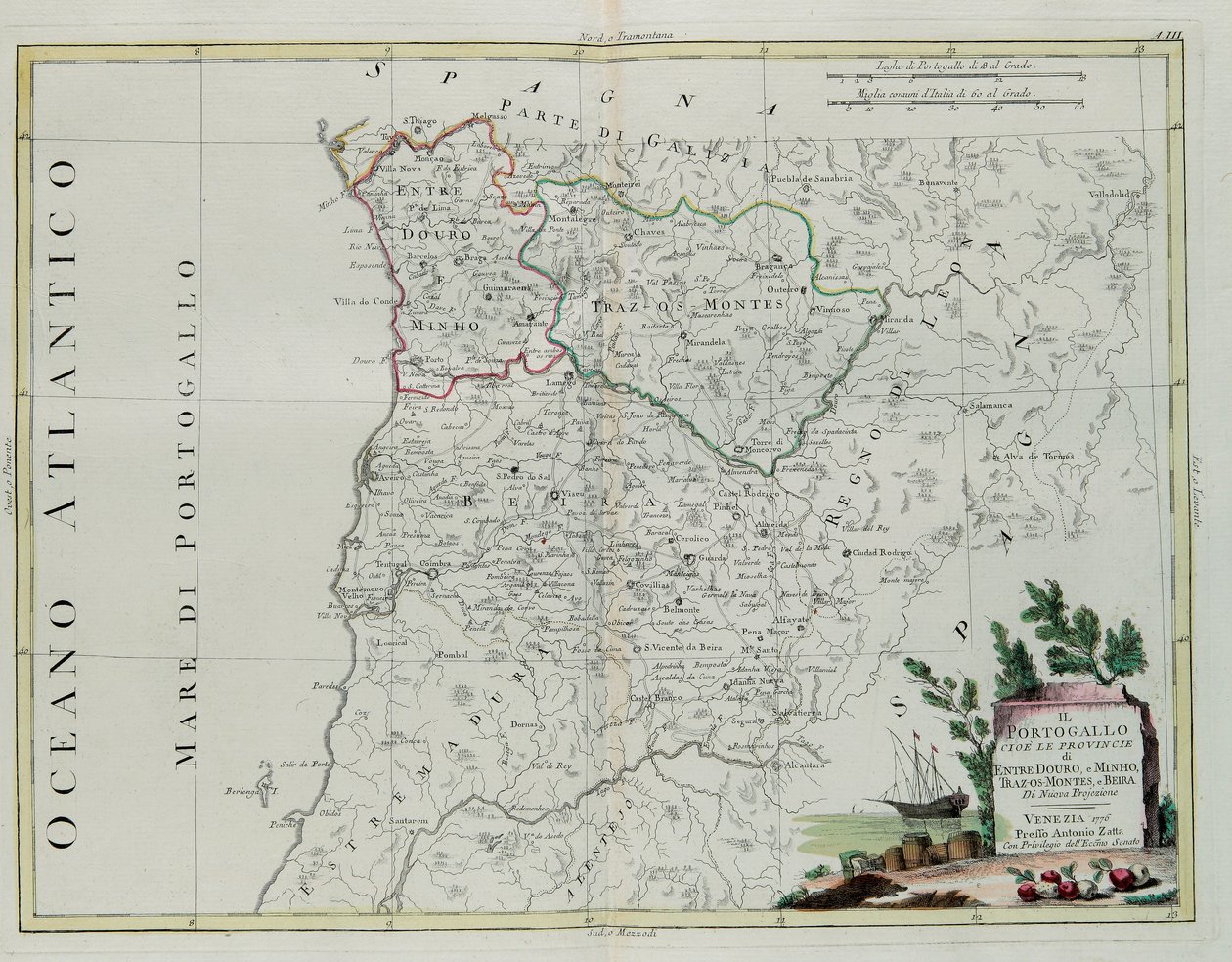 البرتغال ، وهي مقاطعات Entre Douro ، Minho ، Traz-os-Montes و Beir ، نقش بواسطة G. Zuliani مأخوذ من Tome I من أحدث أطلس تم نشره في البندقية عام 1776 بواسطة Antonio Zatta ، Private Coll بواسطة زولياني