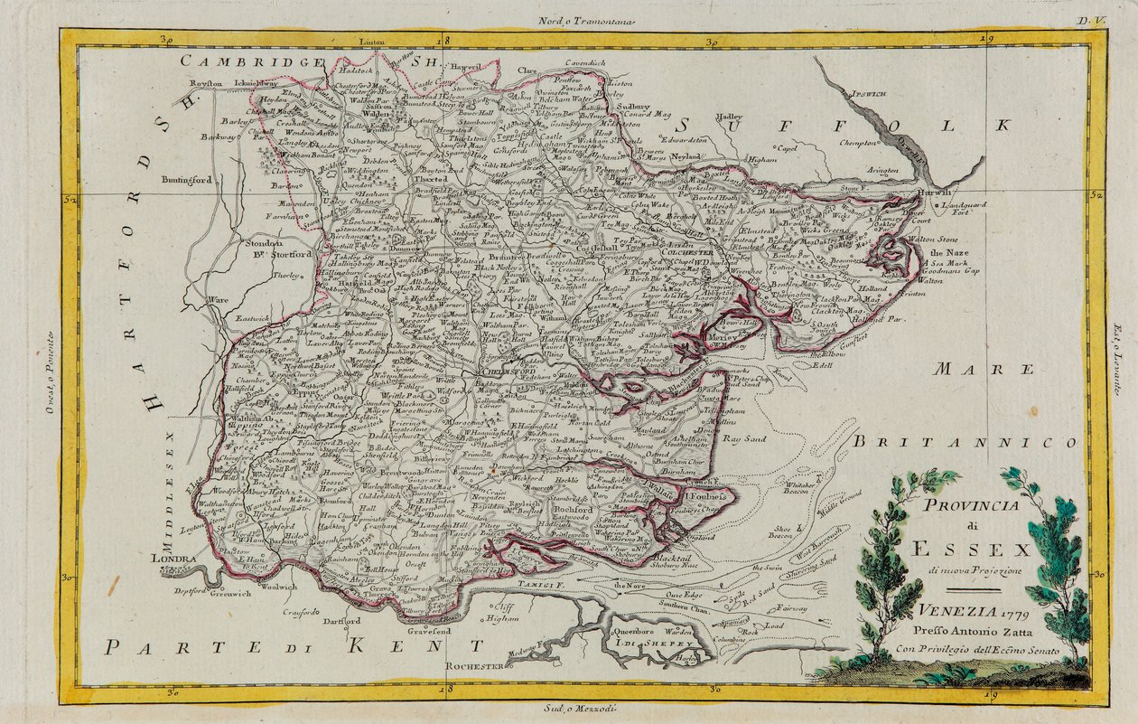 Province of Essex, engraving by G. Zuliani taken from Tome I of the "Newest Atlas" published in Venice in 1779 by Antonio Zatta, Private Collection بواسطة زولياني