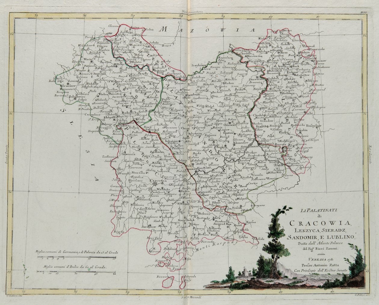 Palatinates of Krakow و Leczyca و Sieradz و Sandomir و Lublin ، نقش بواسطة G. Zuliani مأخوذ من تومي الثالث من "أحدث أطلس" نُشر في البندقية عام 1781 بواسطة أنطونيو زاتا ، مجموعة خاصة بواسطة زولياني