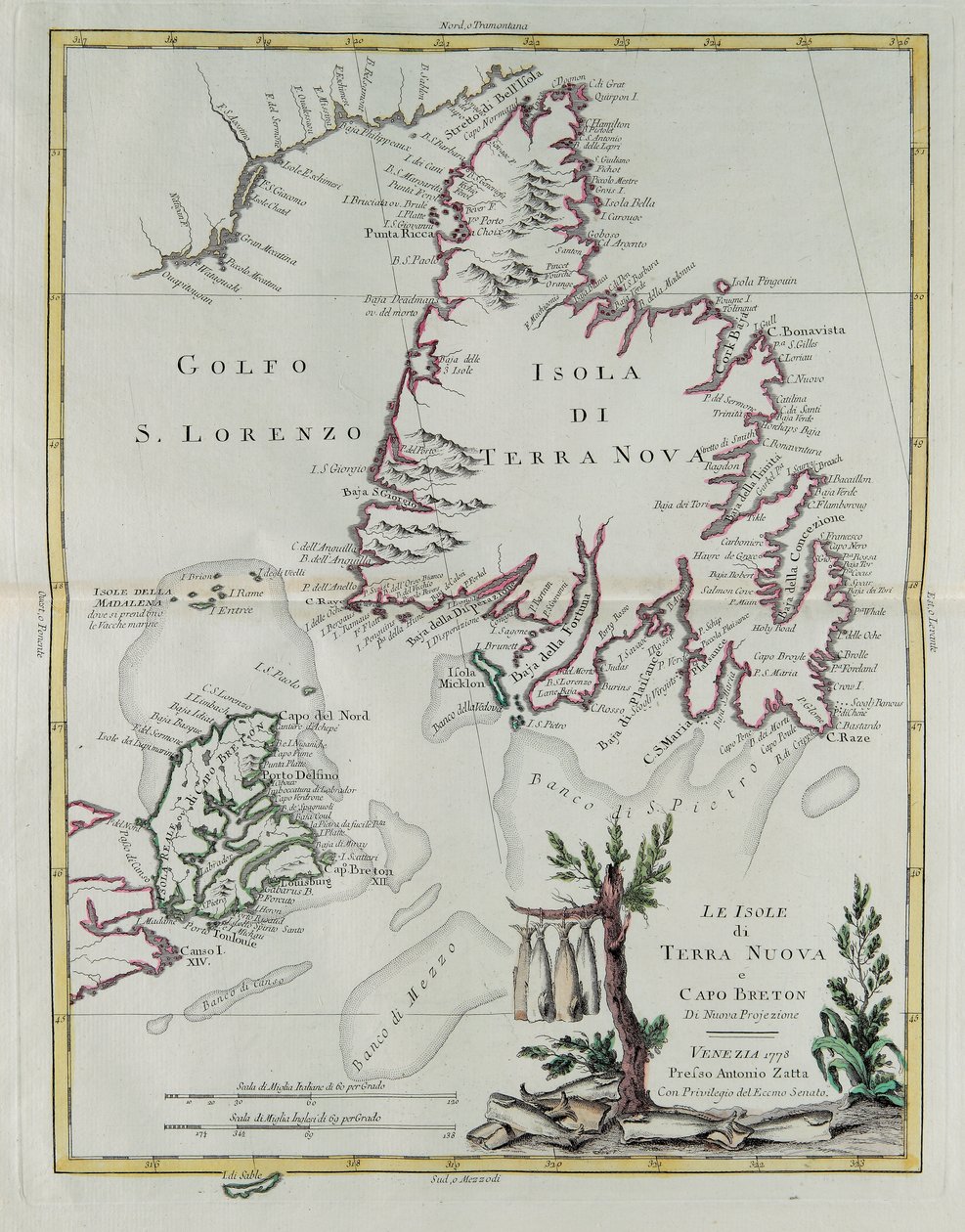 The islands of Newfoundland and Cape Breton, engraving by G. Zuliani taken from Tome I of the "Newest Atlas" published in Venice in 1778 by Antonio Zatta, Private Collection بواسطة زولياني