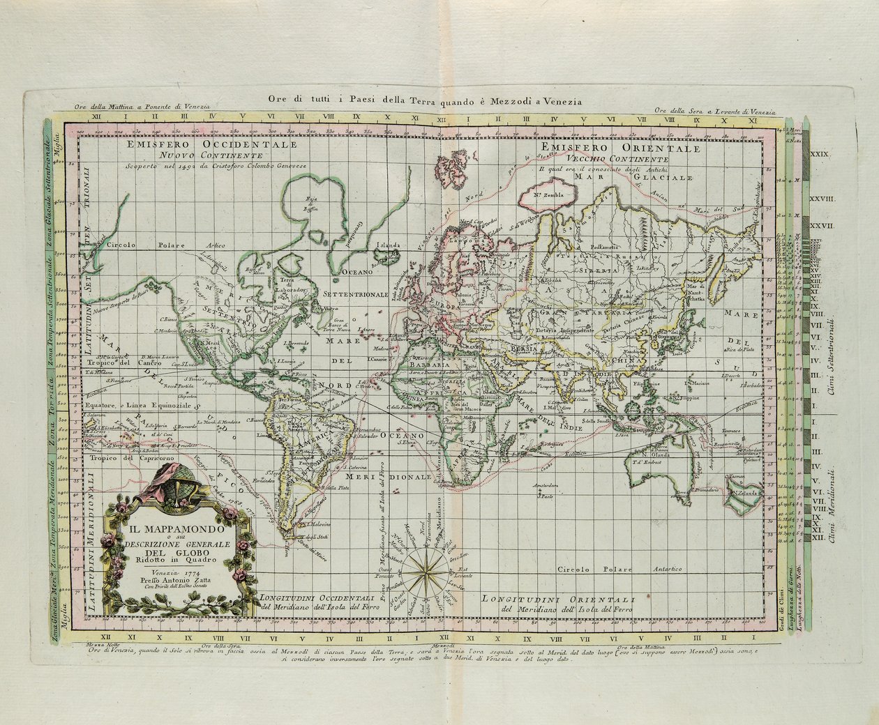 World Map and a general description of the globe, reduced to a picture, engraving by G. Zuliani taken from Tome I of the "Newest Atlas" published in Venice in 1774 by Antonio Zatta بواسطة زولياني