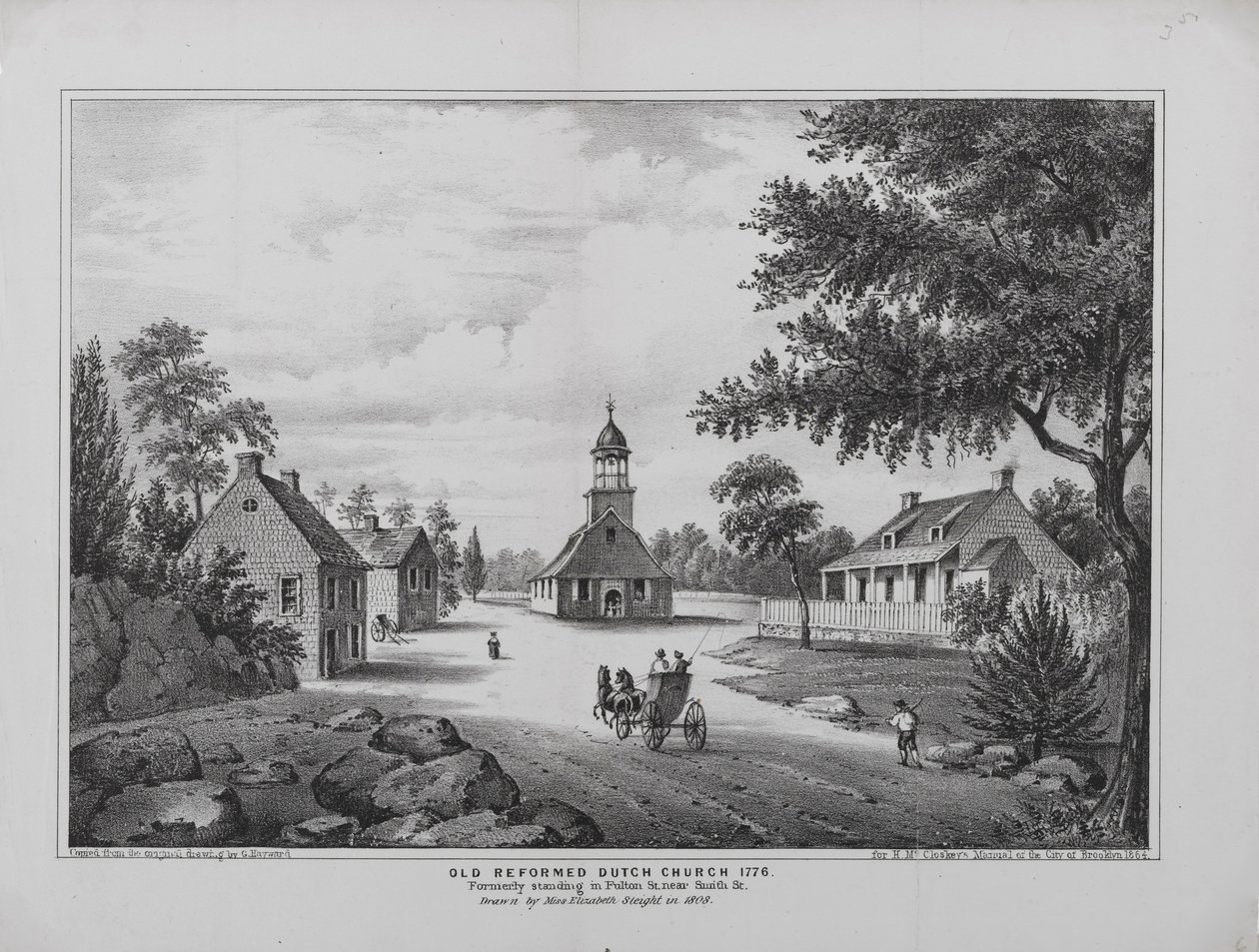 الكنيسة الهولندية القديمة التي تم إصلاحها عام 1776 ، رسمتها الآنسة إليزابيث سلايت عام 1808 ، طُبعت لـ H. McCloskeys Manuel من مدينة بروكلين ، 1864 بواسطة G. بعد هايوارد