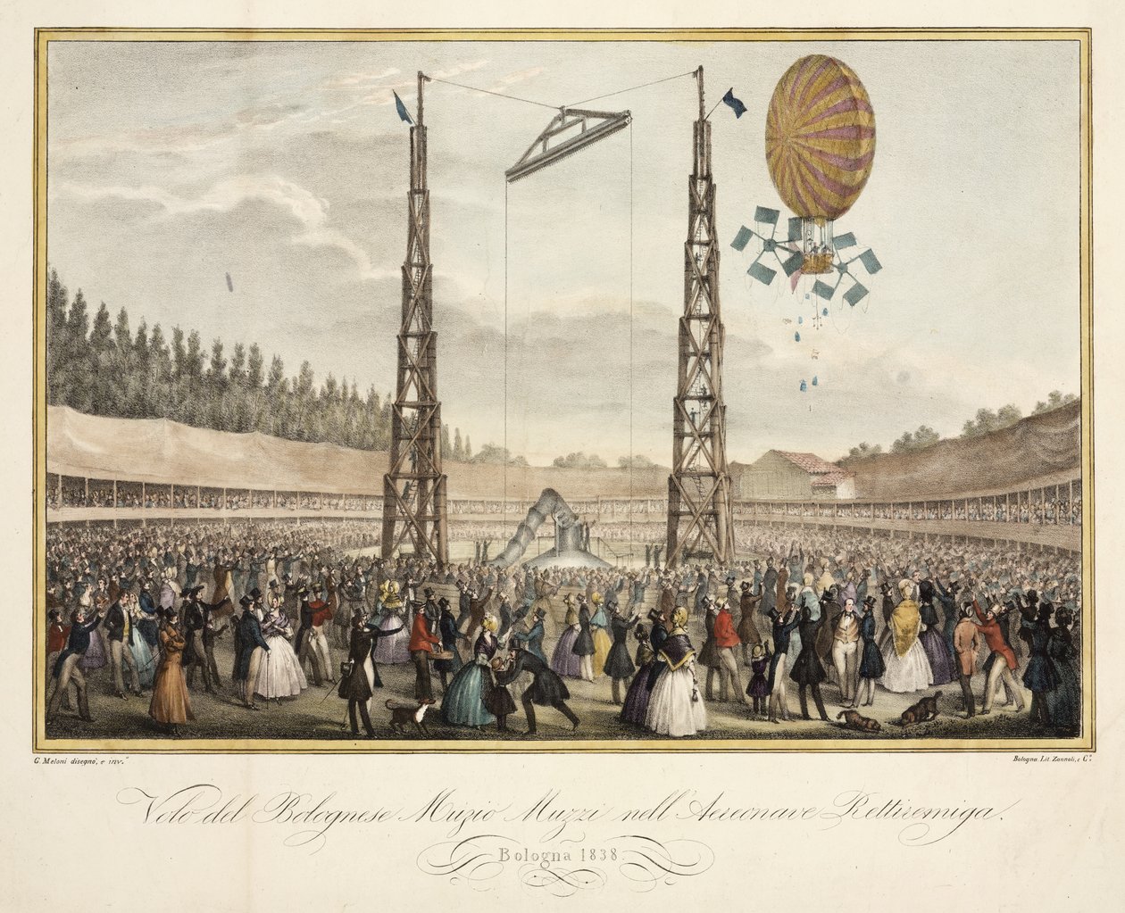 رحلة بولونيا Muzio Muzzi (1809-46) في المنطاد Retirremiga ، 1838 بواسطة G. بعد ميلوني