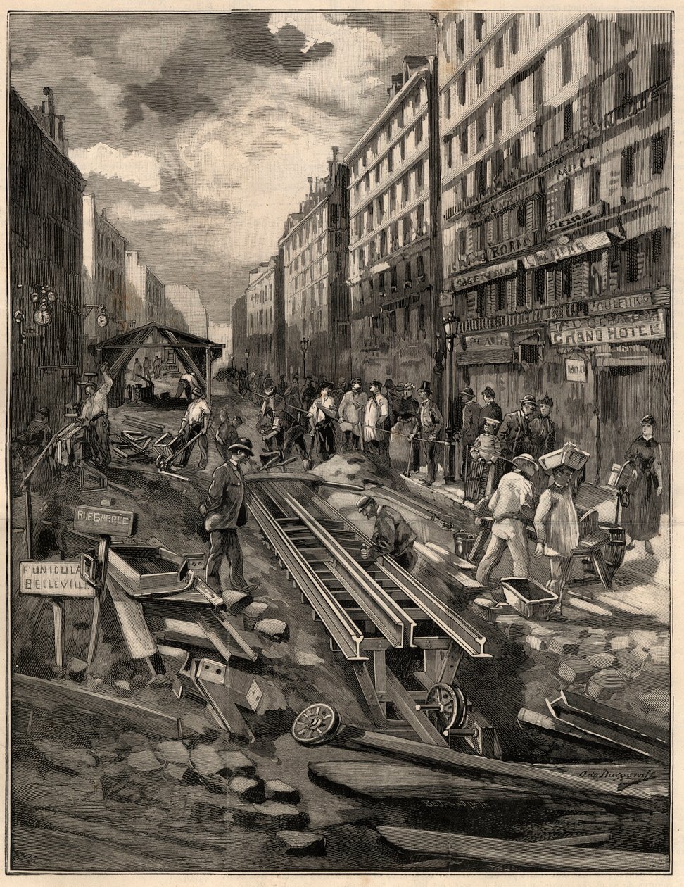 وضع القطار الجبلي المائل بيلفيل المسار ، شارع بيلفيل في عام 1894. نقش بعد M.G. رسم دي برجراف. في "العالم المصور" عام 1894. بواسطة جي دي بورغراف