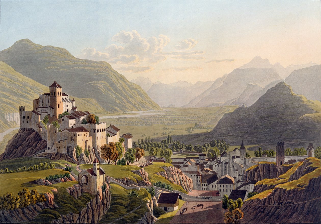 منظر لسيون ، رسم توضيحي من Voyage Pittoresque de Geneve a Milan ، تم نشر Basle ، 1819 بواسطة ماتياس غابرييل لوري