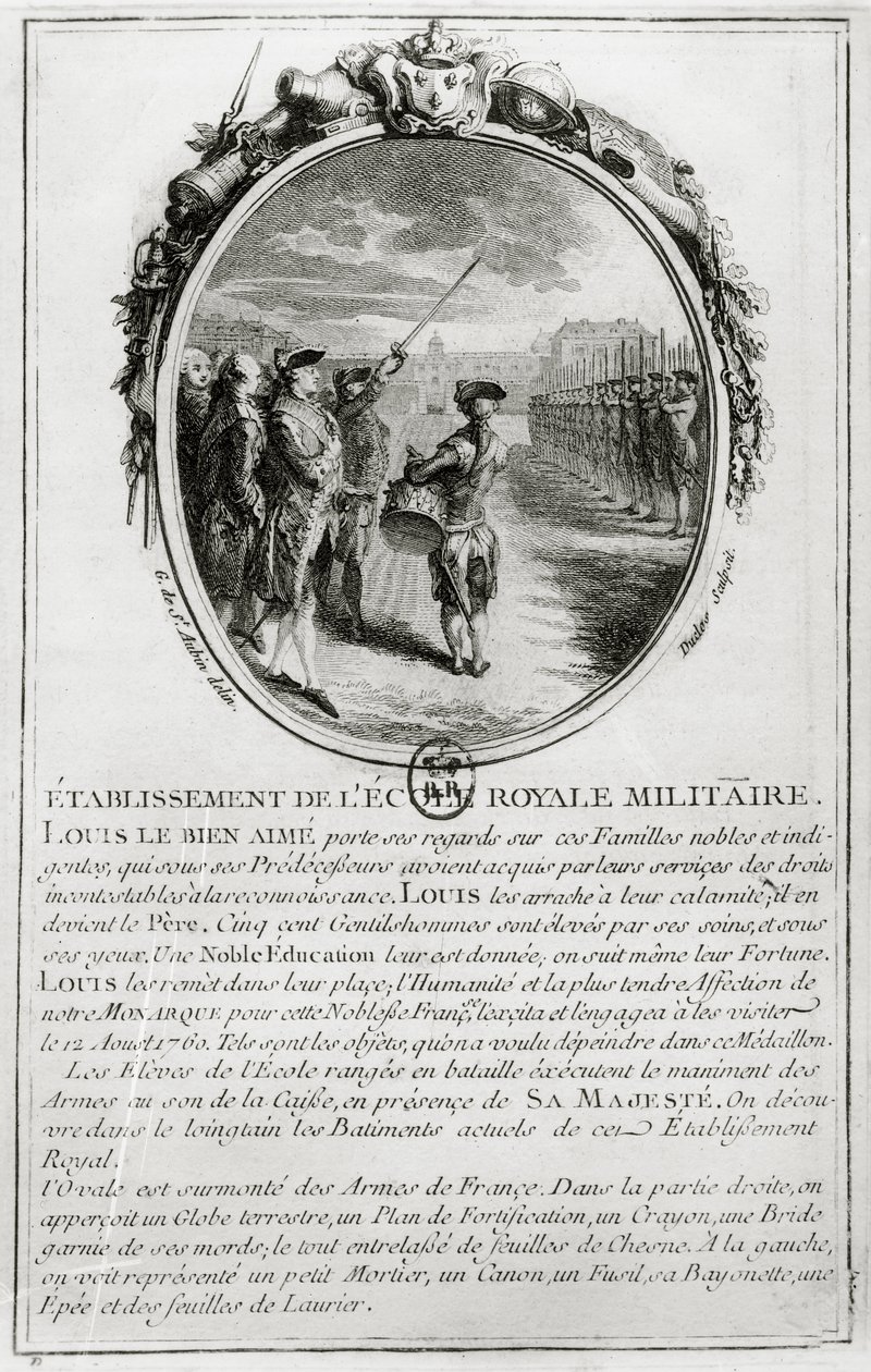 لويس الخامس عشر (1710-1774) يزور المدرسة العسكرية في باريس ، 12 أغسطس 1760 ، نقشها أنطوان دوكلوس (1742-1777) بواسطة غابرييل دي سانت أوبين