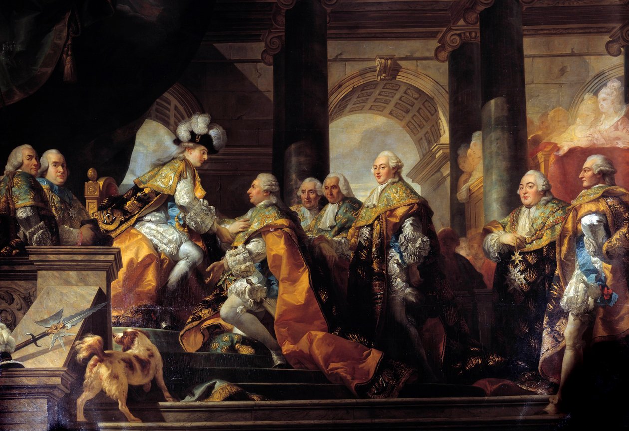 تلقى الملك لويس السادس عشر (1754-1793) في ريمس تكريم فرسان وسام الروح القدس (وسام الروح القدس) بعد تكريسه في 13/06/1775 بالتفصيل. رسم غابرييل دوين (1726-1806) صن. 3،45 × 4،85 م بواسطة غابرييل فرانسوا دوين