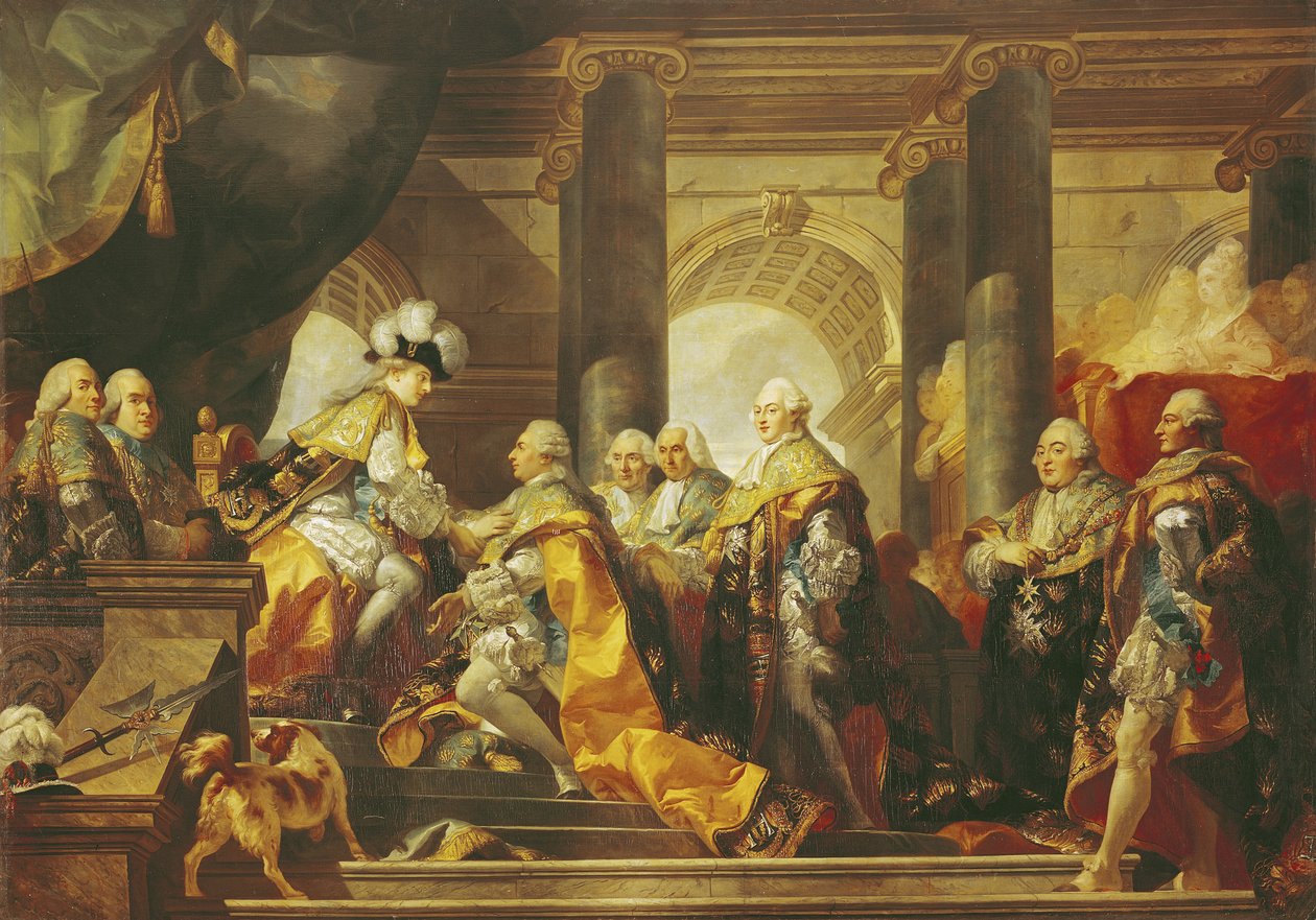 لويس السادس عشر (1754-93) ملك فرنسا ، يستقبل تكريم فرسان وسام القديس إسبريت في ريمس ، 13 يونيو 1775 بواسطة غابرييل فرانسوا دوين