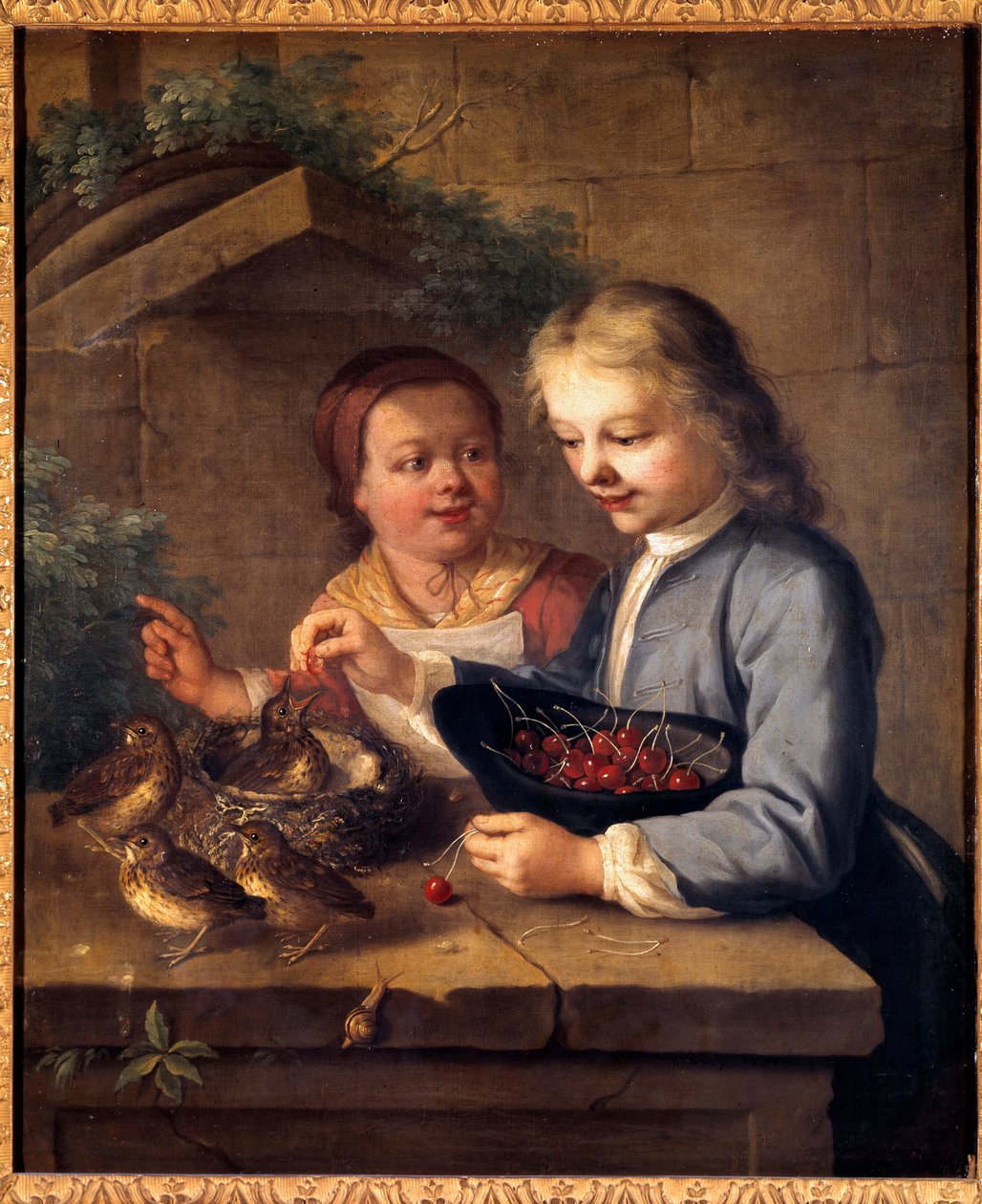 أطفال ديكسو يعطون الكرز للطيور. لوحة لغابرييل جريسلي (1712-1756) من القرن الثامن عشر ديجون ، متحف الفنون الجميلة بواسطة غابرييل جريسلي