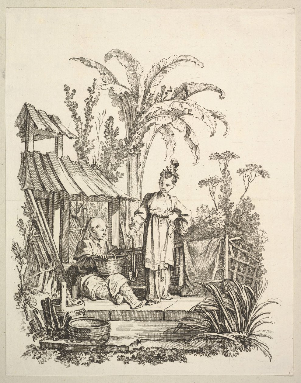 رجل صيني جالس وامرأة تحمل سمكة ، كاليفورنيا. 1742. بواسطة غابرييل هوكير