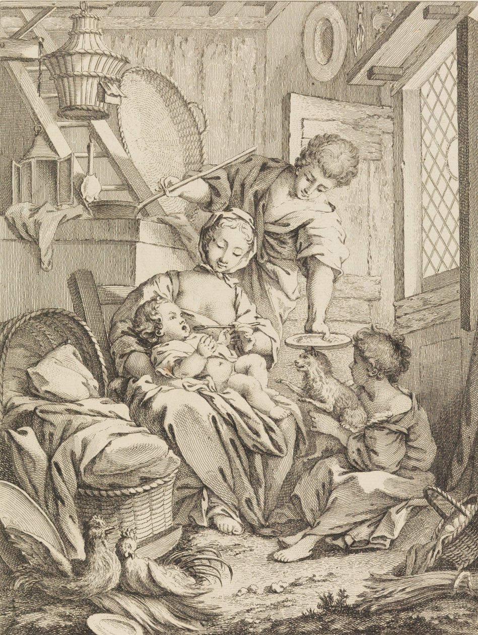 اللوحة 1: شابة تطعم طفلها ، من Premier Livre de Subjects et Pastorales Fi ...، 1720-1772. بواسطة غابرييل هوكير