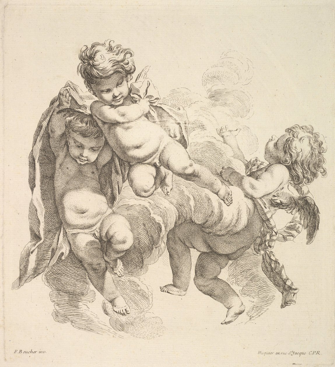 ثلاثة أطفال بين الغيوم يحملون ستائرًا ، 1738-45. بواسطة غابرييل هوكير
