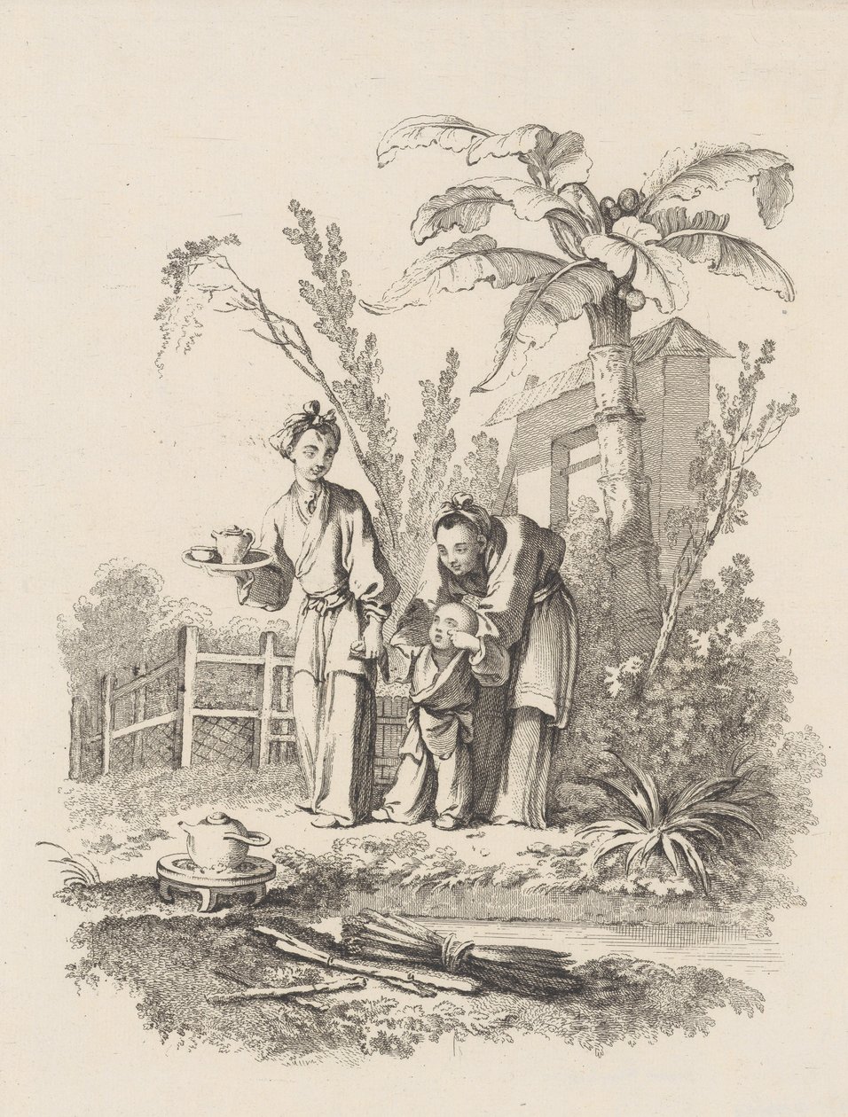 امرأتان تقودان طفلاً نحو إبريق شاي على طاولة بالقرب من بركة ، كاليفورنيا. 1742. بواسطة غابرييل هوكير