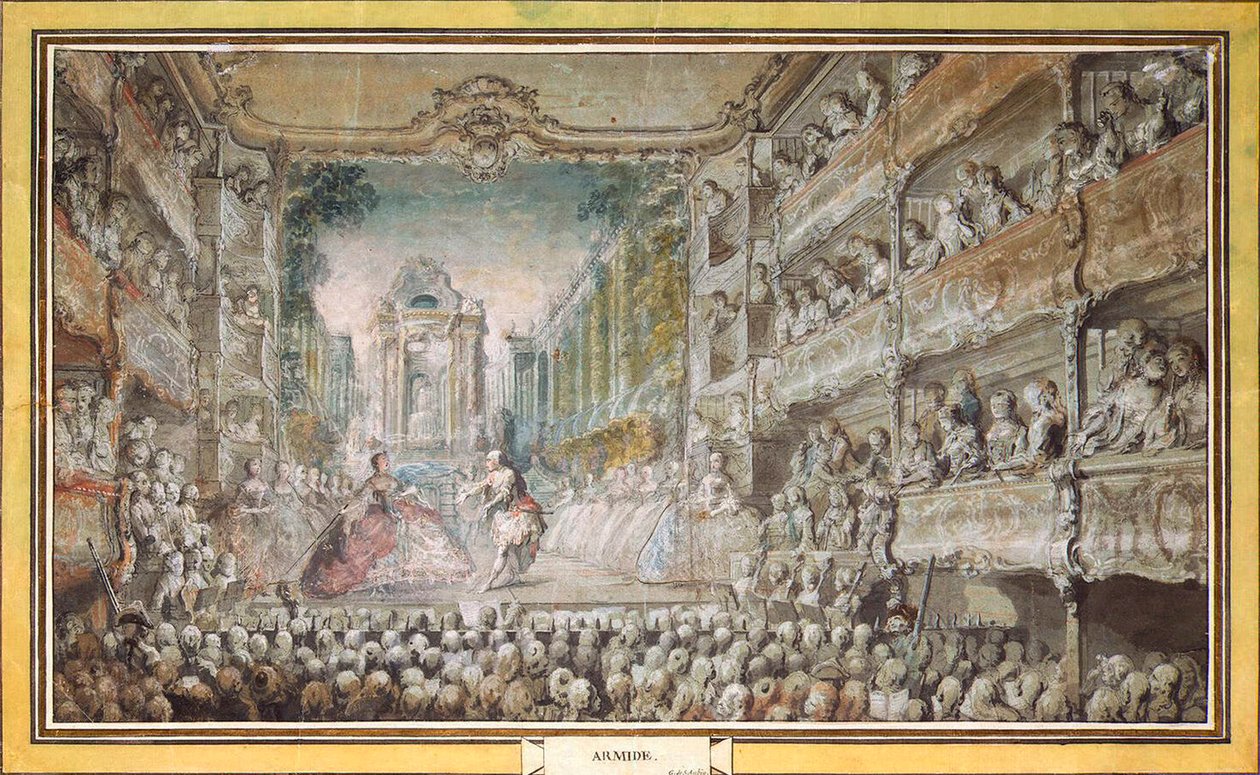 أداء أرميدا في القاعة القديمة بدار الأوبرا ، بعد عام 1761. بواسطة غابرييل جاك دي سانت أوبين