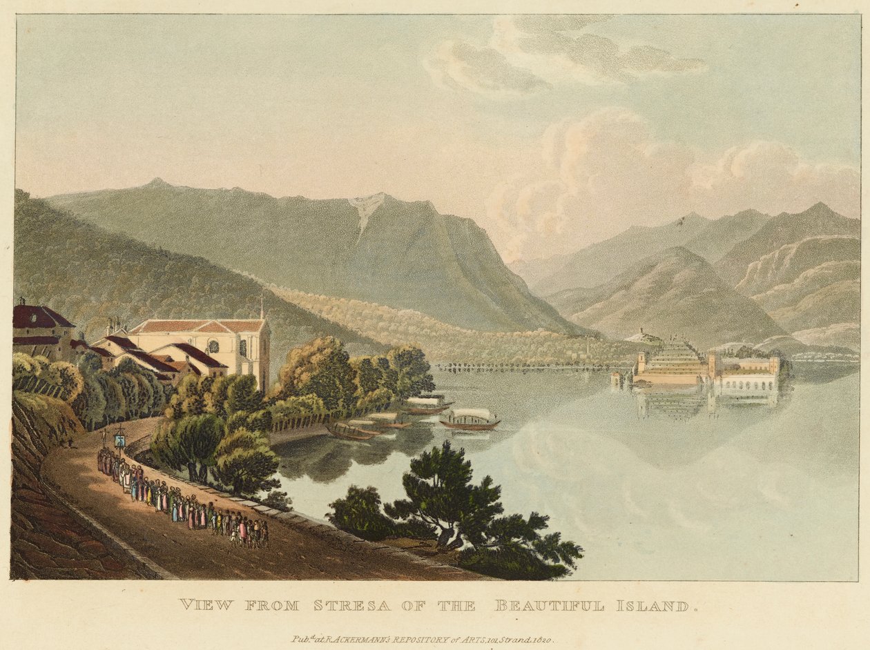 منظر من ستريسا للجزيرة الجميلة (Isola Bella ، Lago Maggiore) ، قبل عام 1820 (ألوان مائية فوق نقش ونقش مائي على ورق منسوج) بواسطة غابرييل ل. ولوري ماتياس ج. لوري