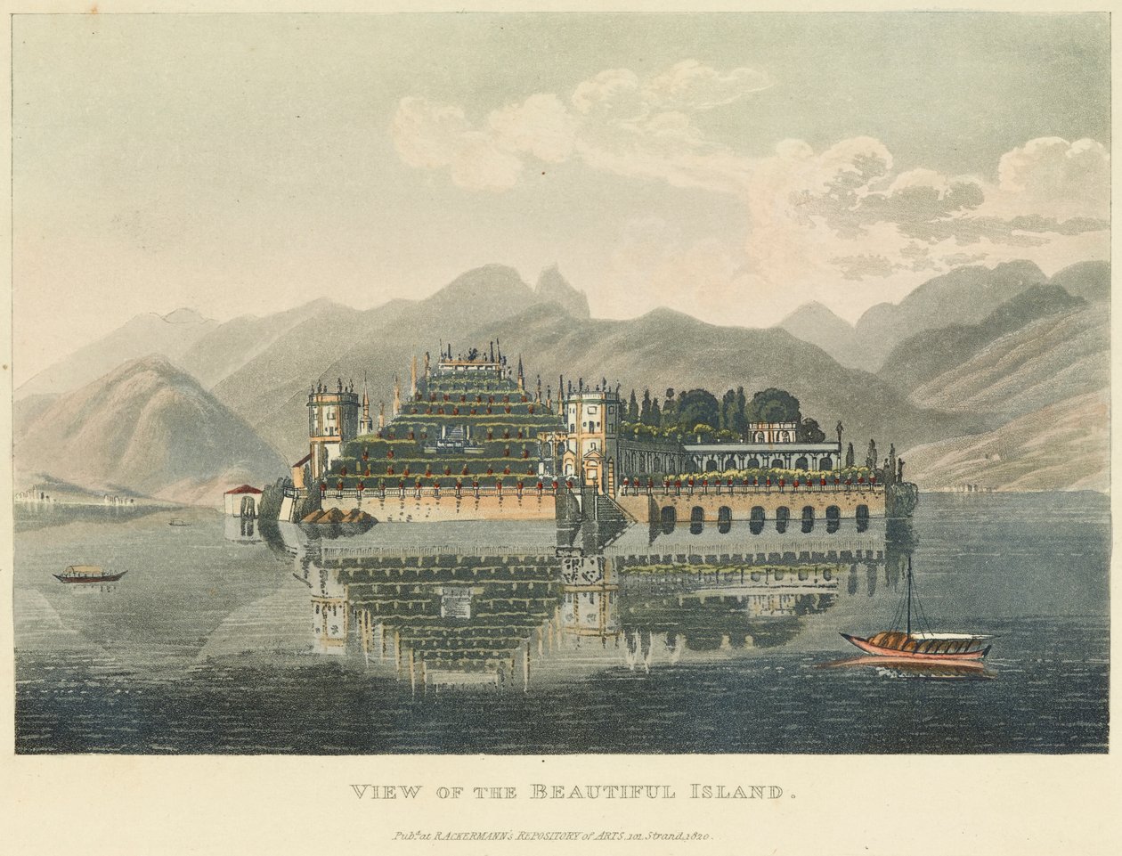 منظر للجزيرة الجميلة (Isola Bella ، Lago Maggiore) ، قبل عام 1820 (ألوان مائية فوق نقش ونقش مائي على ورق منسوج) بواسطة غابرييل ل. ولوري ماتياس ج. لوري