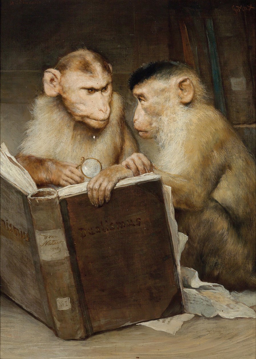 "Les savants" (العلماء) قردان يحملان كتابًا مفتوحًا - رسم غابرييل كورنيليوس ريتر فون ماكس (1840-1915) مجموعة خاصة بواسطة غابرييل ماكس