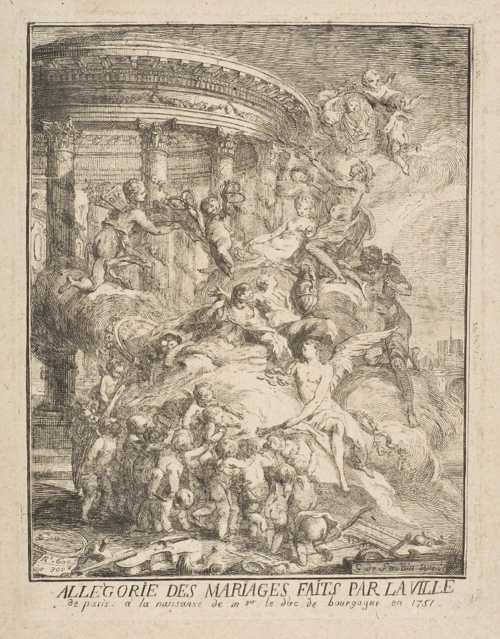 زعم الزيجات التي أجرتها مدينة باريس عند ولادة دوق بورغوندي ، 1752. بواسطة غابرييل دي سانت أوبين