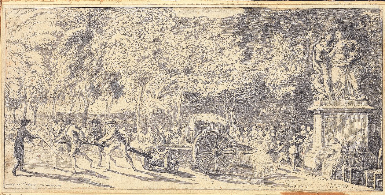 شخصيات تسحب برميلًا على عربة في حدائق التويلري ، 1760 بواسطة غابرييل دي سانت أوبين