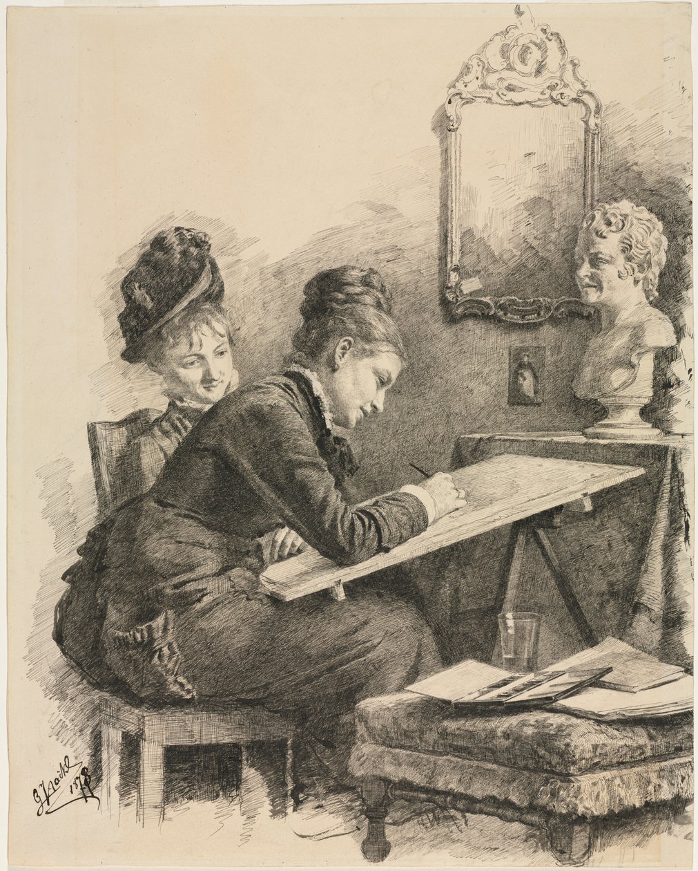 امرأتان ترسمان تمثالاً ، 1878. بواسطة غابرييل فون هاكل