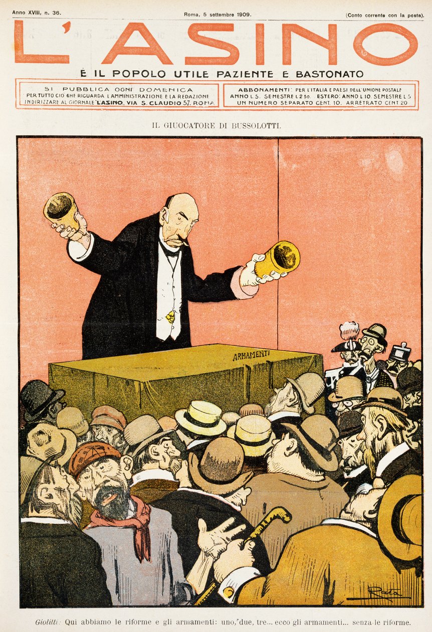 Shell game player, satirical cartoon dedicated to Giovanni Giolitti (1842-1928), from L