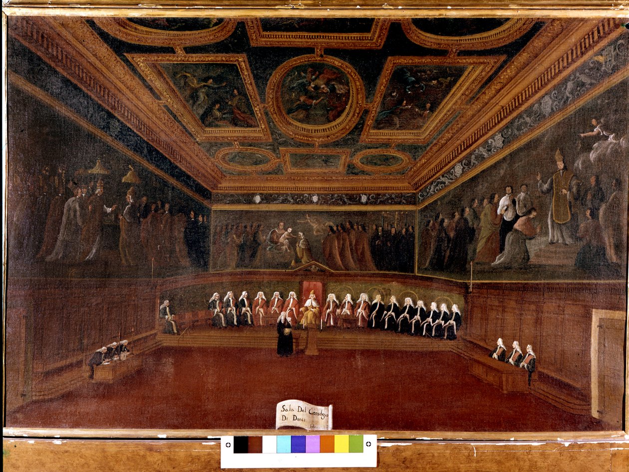 مجلس العشرة في قصر Doges في القرن الثامن عشر - Sala Del Consilgio di Dieci 1725 - غرفة مجلس العشرة ، قصر Doges ، البندقية (18) بواسطة Gabriele Bella (1730 - 1799) - The Doge and the Council of عشرة. متحف كورير. مدينة البندقية بواسطة غابرييل بيلا