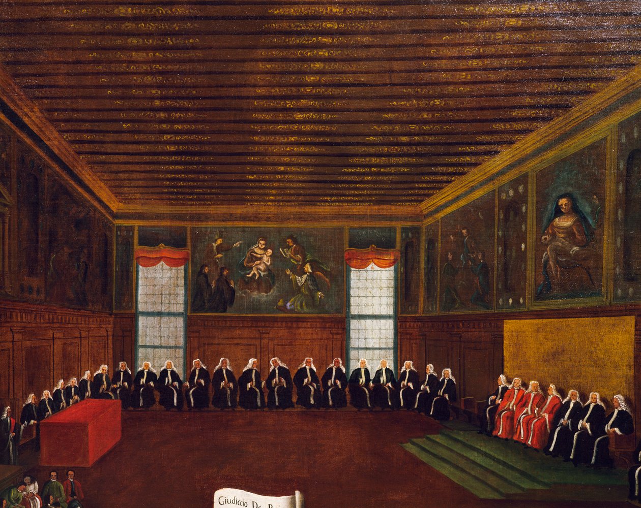 Judgment in hall of Qarantia Criminal (The Council of Forty) (oil on canvas) بواسطة غابرييل بيلا