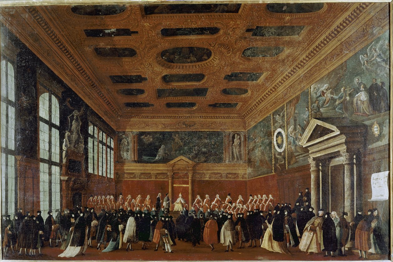 استقبال السفراء في Collegio (البندقية ، استقبال سفير في Collegio) - رسم غابرييل بيلا (حوالي 1730-1799) ، زيت على قماش ، 99x150 سم. البندقية ، مؤسسة Querini Stampalia بواسطة غابرييل بيلا