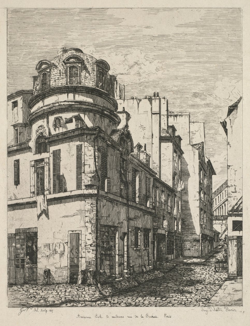النقش على باريس القديمة: المدرسة الطبية السابقة شارع de la Bûcherie ... ، 1865. بواسطة غابرييل ماري نيل