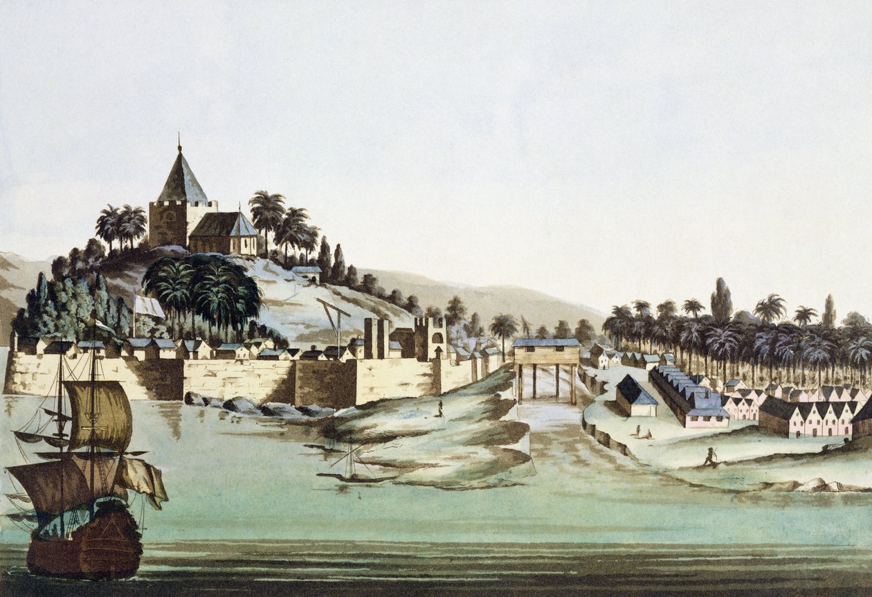 ميناء ومدينة ملقا بماليزيا ، رسم توضيحي من "Le Costume Ancien et Moderne" بقلم جوليو فيراريو ، تم نشره في 1820s-30s بواسطة غايتانو زانكون
