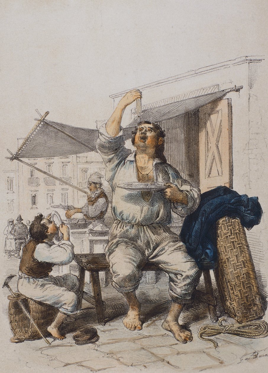 Mangia Maccaroni (Eaters of pasta), by Gaetano Dura (1805-1878), engraving, Italy بواسطة غايتانو دورا