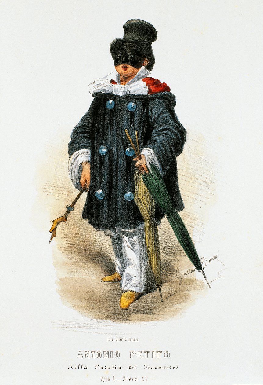 The actor Antonio Petito (1822-1876) in stage costume in the parody The Troubadour, lithograph by Gaetano Dura (1805-1874) بواسطة غايتانو دورا