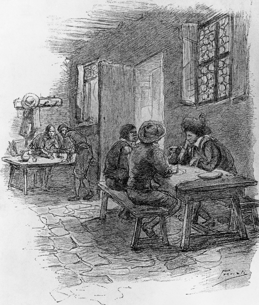 رينزو ، تونيو ، وجيرفاسي في النزل ، الفصل السابع ، رسم توضيحي لغايتانو بريفياتي (1852-1920) للرواية التاريخية المخطوبة لأليساندرو مانزوني (1785-1873) بواسطة غايتانو بريفياتي