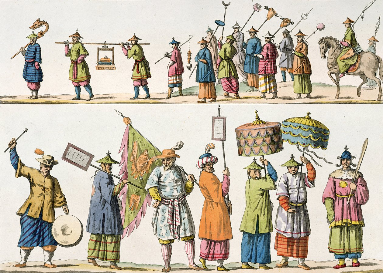 الحاضرون الرئيسيون لمسيرة الإمبراطور الصيني ، توضيح من `` Le Costume Ancien et Moderne &39;&39; بقلم جوليو فيراريو ، تم نشره في 1820s-30s بواسطة غايتانو زانكون