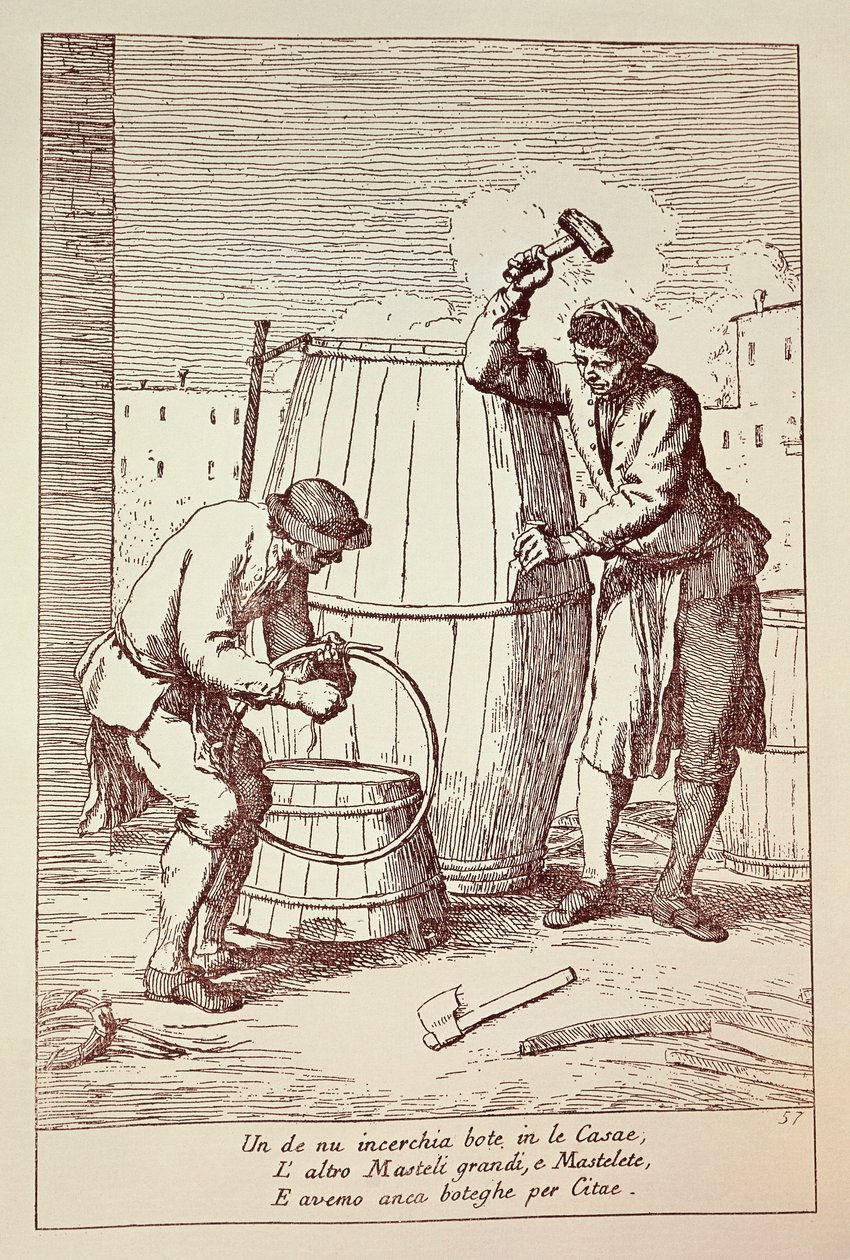عمال كوبرون في العمل ، نقش غايتانو غيراردو زومبيني (1700-1778) من فنون الحياة اليومية في مدينة البندقية ، إيطاليا بواسطة Gaetano Zompini